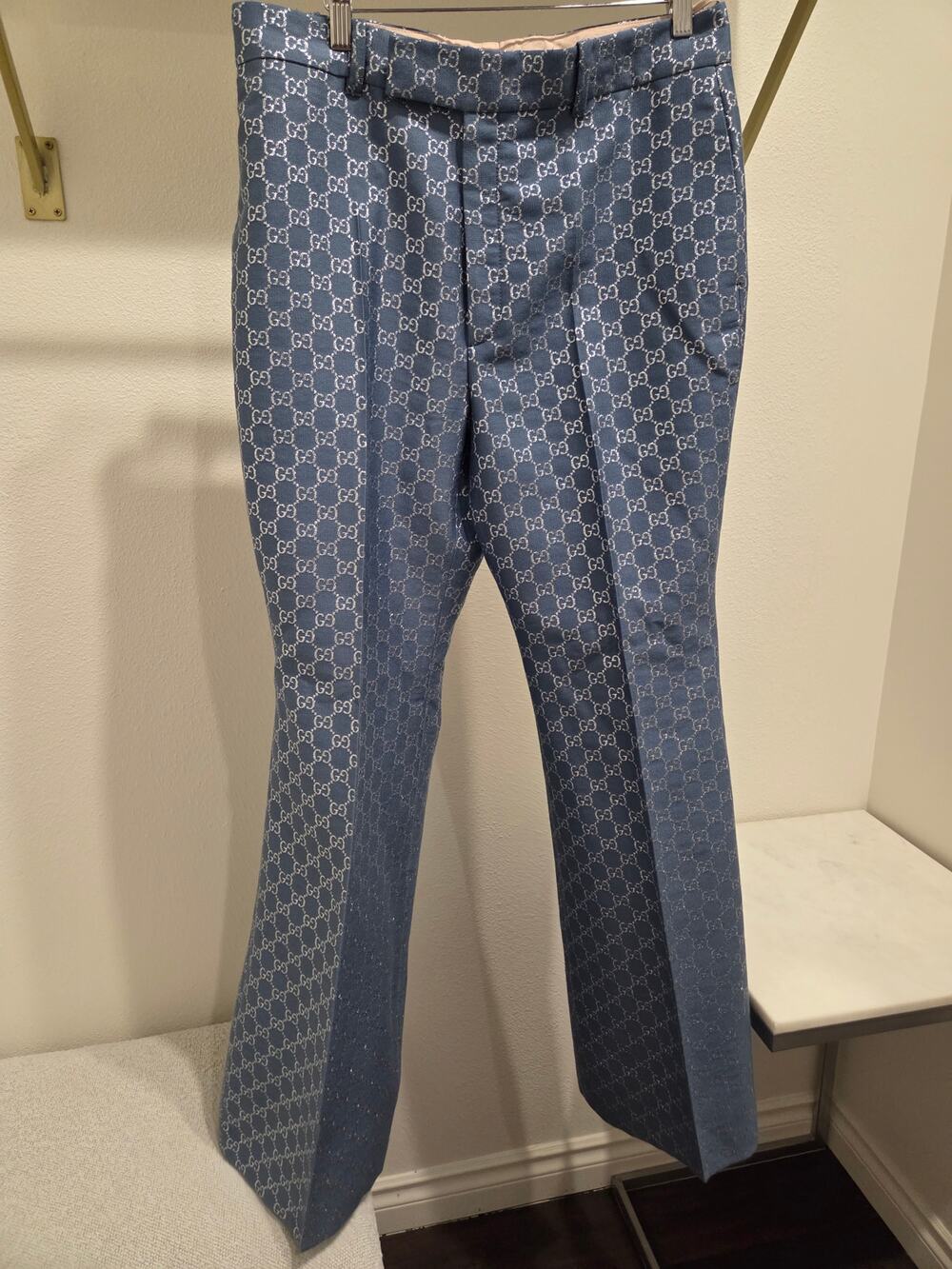 Gucci GG Lamé Wool Silk Flare Trousers, Size 46